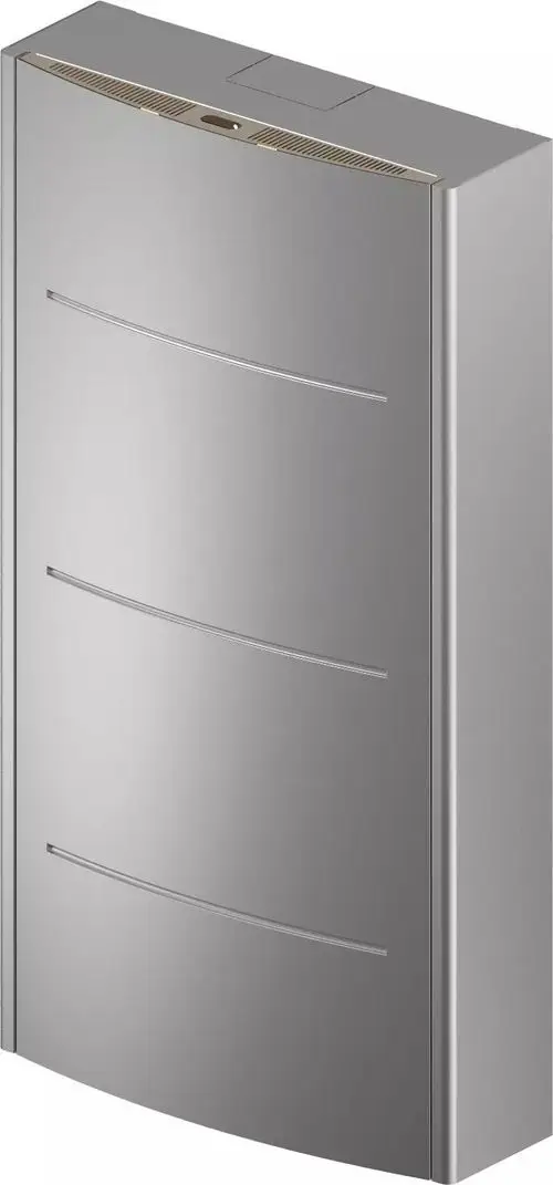 Grauer Schrank von Uponor mit glatter Oberfläche, einem oberen Lüftungsgitter und einer Tür, passend für verschiedene Anwendungen in Innenräumen.